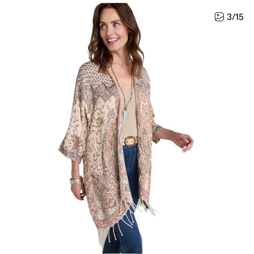 Soft Surroundings Chaucer topper embellished Elegant Brown and Cream Kimono L